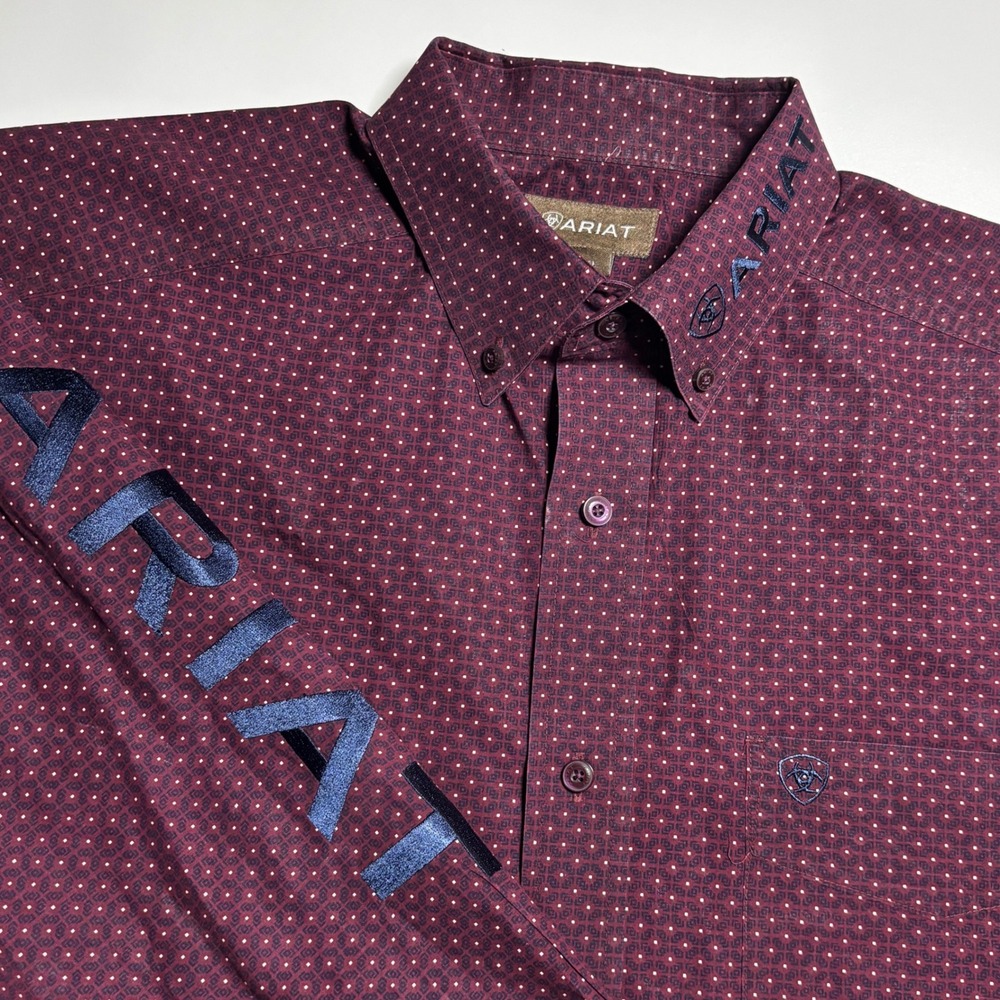 Ariat Team Logo Burgundy Micro Dot Men's L Long Sleeve  Button Down Shirt